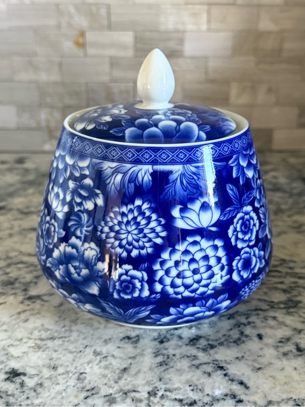 Blue and White Floral Covered Jar - Hand Painted Sugar Jar